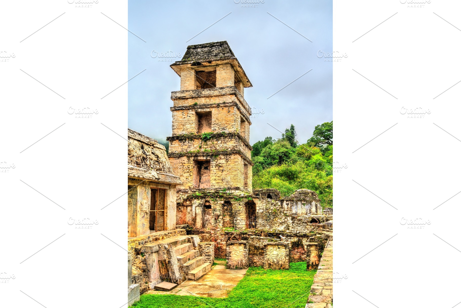 The palace at the maya archeological featuring mexico, palenque, and maya, an Architecture Photo by Leonid Andronov
