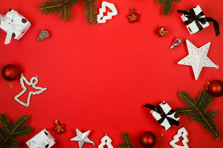 Christmas background with gift boxes, baubles, branches and ribb, a Holiday Photo by vimart
