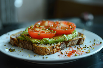 Toast bread with avocado puree and tomatoes. Vegetarian food., a Food & Drink Photo by AlyaAnd