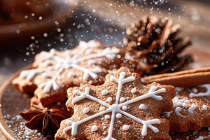 Festive snowflake gingerbread cookies on a plate, a Holiday Photo by AlyaAnd