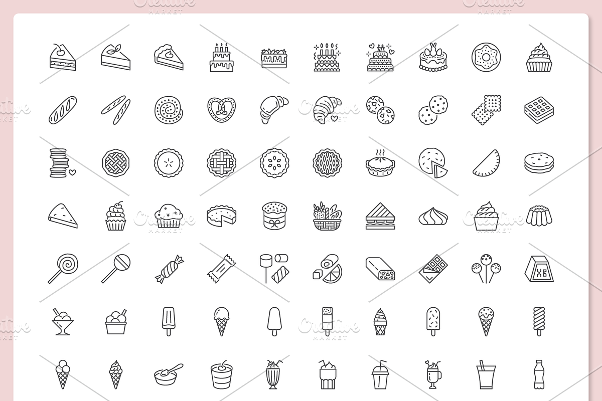 100 Sweets & Drinks Icons, an Outline Icon by Nadiinko (Photo 2 of 3)