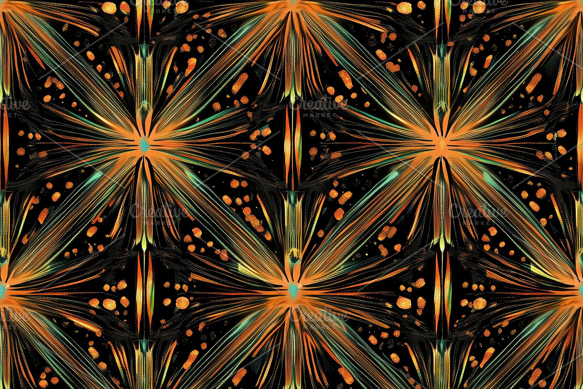 Seamless vibrant abstract pattern featuring symmetrical floral shapes in orange, a Pattern Graphic by Textures & Backgrounds