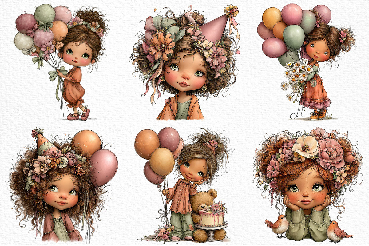 Whimsical Birthday Girls Clipart, a Seasonal Illustration by Craft Nest (Photo 5 of 6)