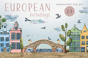 Old European houses watercolor clipa, an Object Illustration by NATASHA CHU (Thumbnail 1 of 21)
