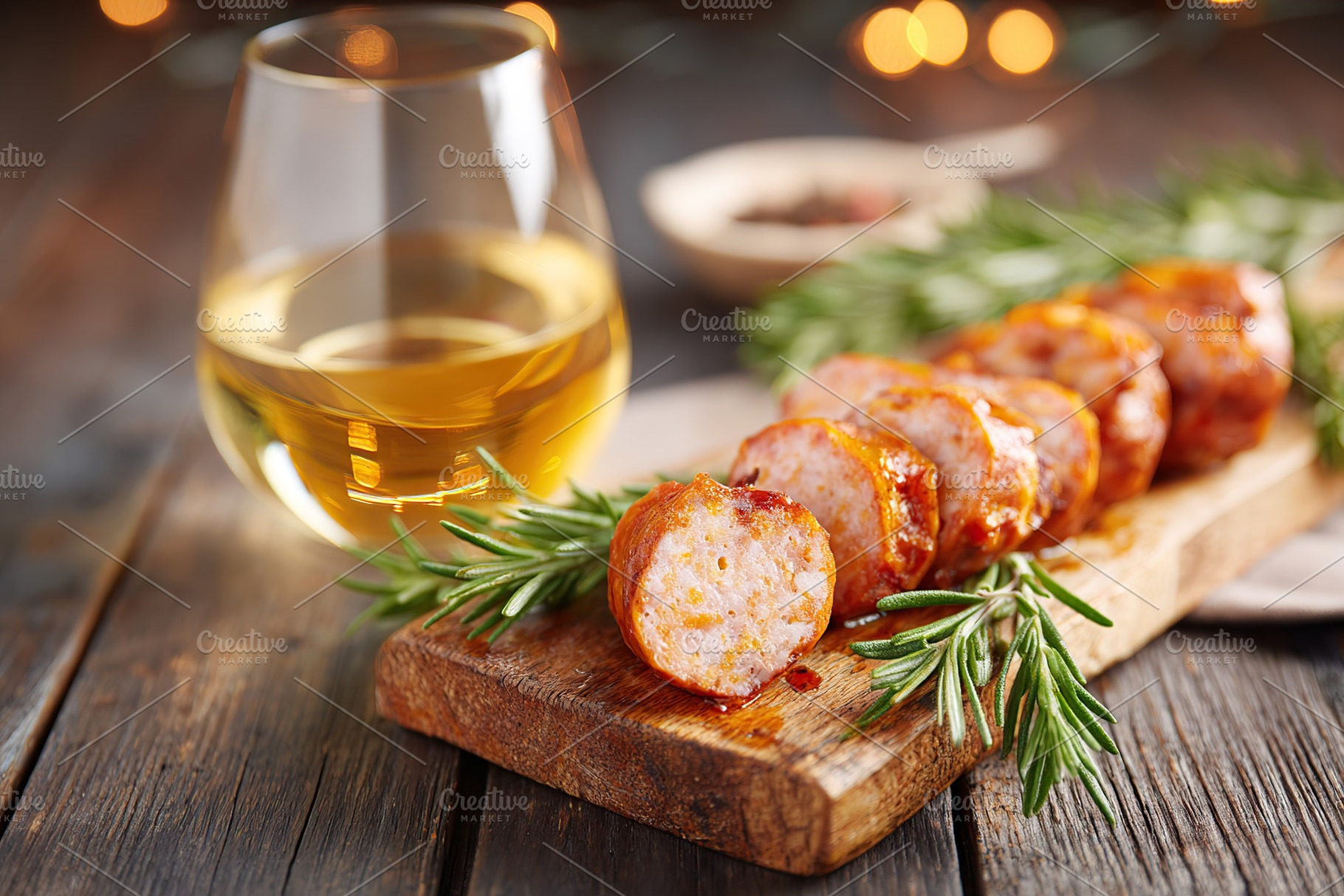 Savoring smoked sausage on a rustic wooden board with a glass of golden beverag, a Food & Drink Photo by AlyaAnd