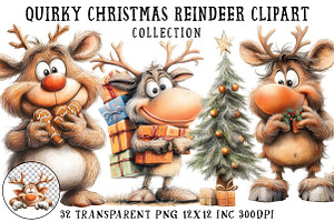 Quirky Christmas Reindeer Clipart, an Illustration by OK Design