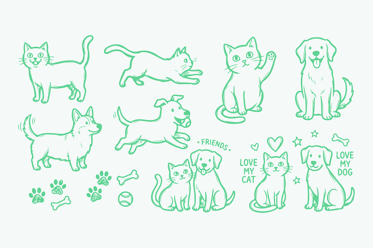 Cute Cat and Dog Outline Vector Set, a Decorative Illustration by MkStudio (Photo 3 of 3)