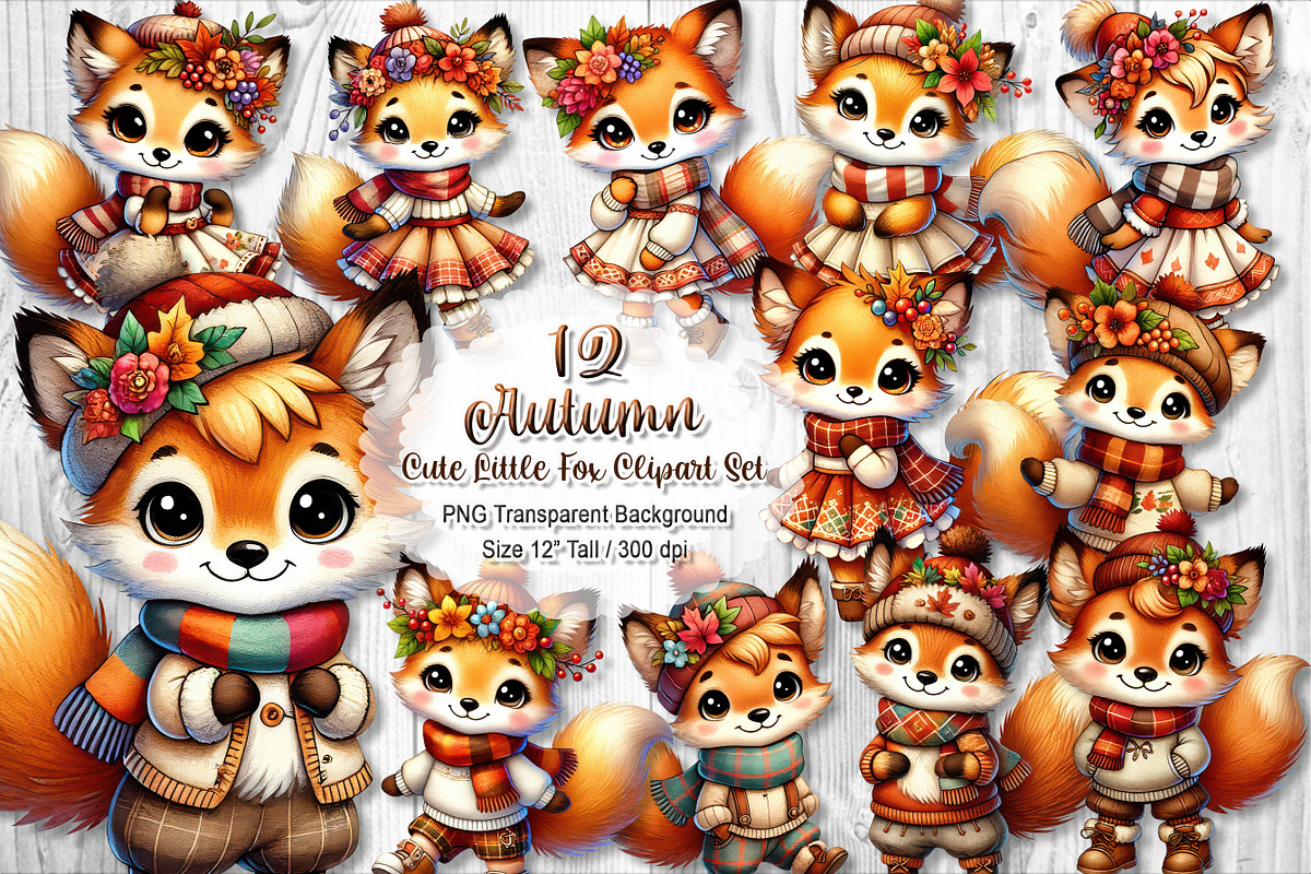 Cute Autumn Fox Clipart Set, a Seasonal Illustration by V Design Creator (Photo 1 of 9)