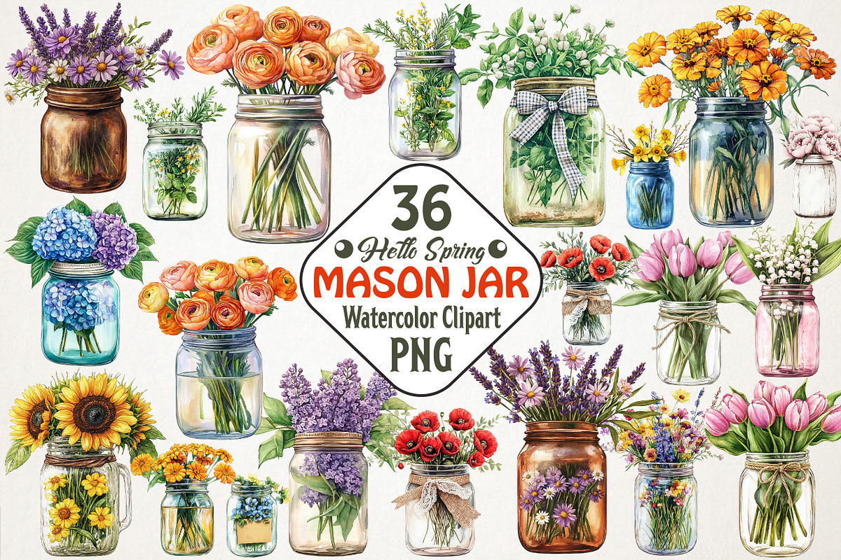 Spring Mason Jar Floral Clipart Set, an Illustration by RobertsArt (Photo 1 of 5)
