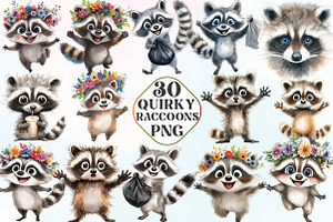 Quirky and Funny Raccoons Clipart, an Illustration by CraftArtStudio