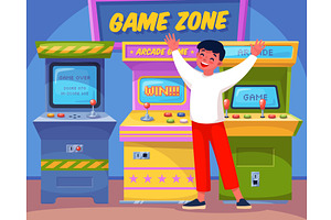 Cartoon boy plays arcade games. Fun, an Object Illustration by YummyBuum