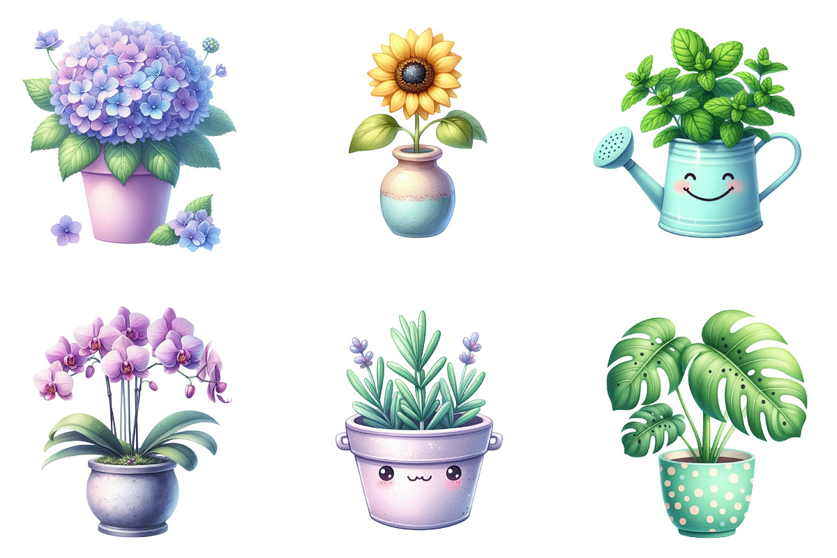 Watercolor Kawaii House Plant Clipar, an Illustration by DreamArtGraphic (Photo 5 of 5)