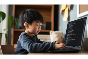 Young Asian boy learning to code on, a Person Photo by Sergey Kotenev
