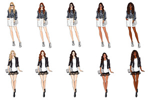 Girls In Grey Fashion Clipart Set