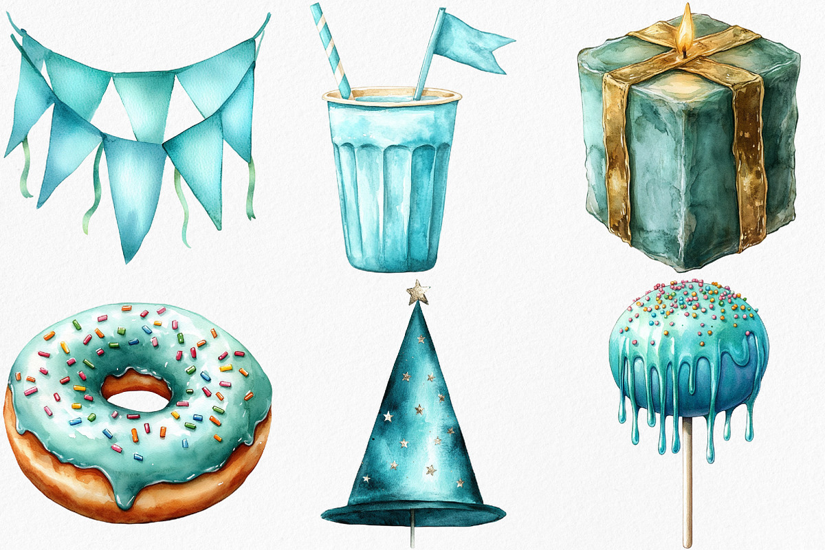Watercolor Blue Birthday Clipart, an Illustration by Canvas Craft (Photo 2 of 7)