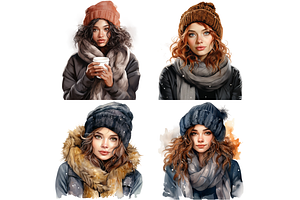 Watercolor Winter Girl Cliparts