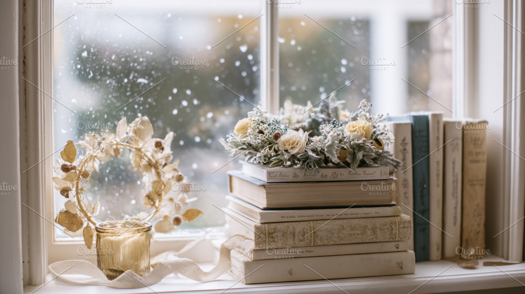 Cozy winter window scene with vintage books, decorative wreaths, and falling sn, a Photo by Studio ANNA