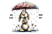 Whimsical Rainy Bunny Clipart, an Animal Illustration by GiraffeCreative (Thumbnail 2 of 19)