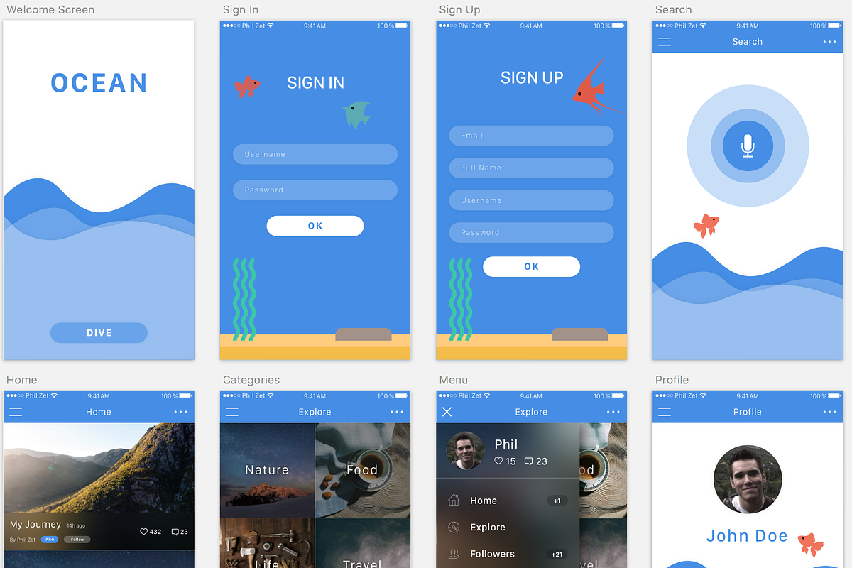 Ocean – iOS App Template (Sketch 3), an UI Kit Template by Phil Zet (Photo 1 of 5)