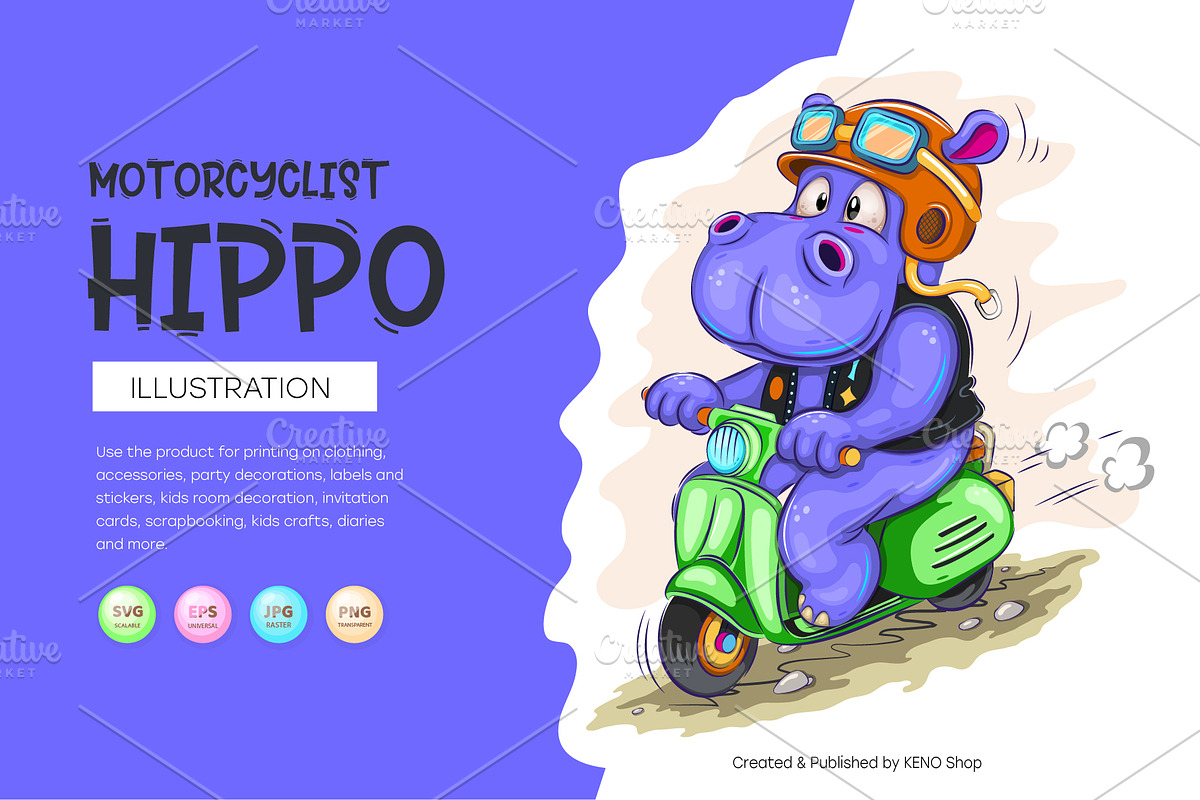 Cartoon hippo motorcyclist. Tshirt, an Animal Illustration by KENO Mascots (Photo 1 of 7)
