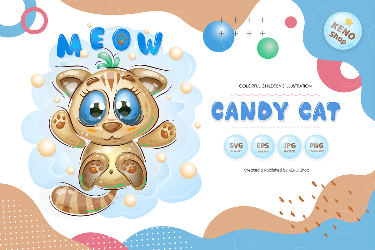 Cute kitten on a cloud. Tshirt, PNG., an Animal Illustration by KENO Mascots (Photo 1 of 4)