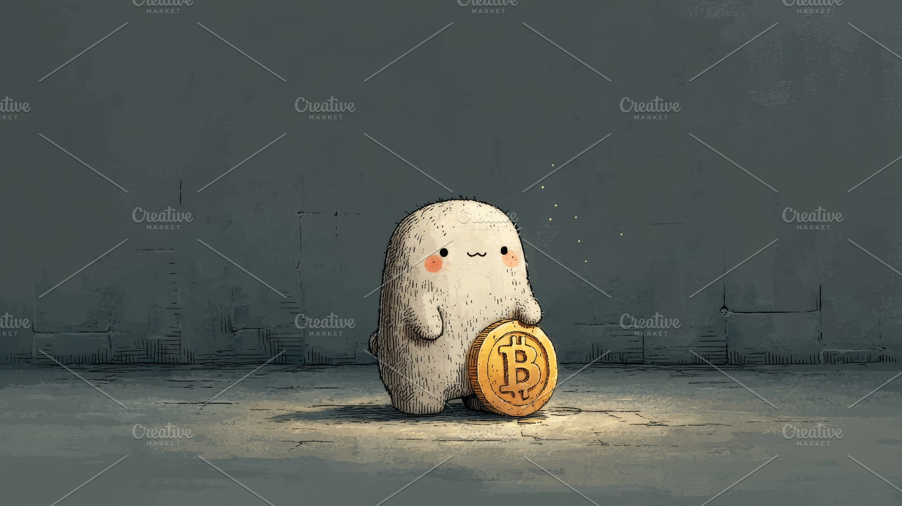 Cute cartoon creature holding a bitcoin coin in a dimly lit room symbolizing cr, a Photo by AS photostudio