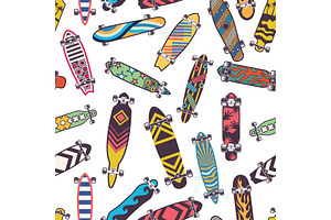 Colored Seamless Pattern With Various Skateboards