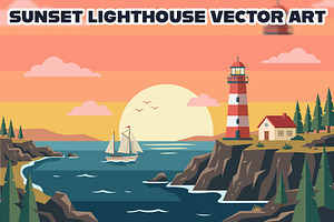 Sunset Lighthouse Vector Art, a Decorative Illustration by Vowx Studios