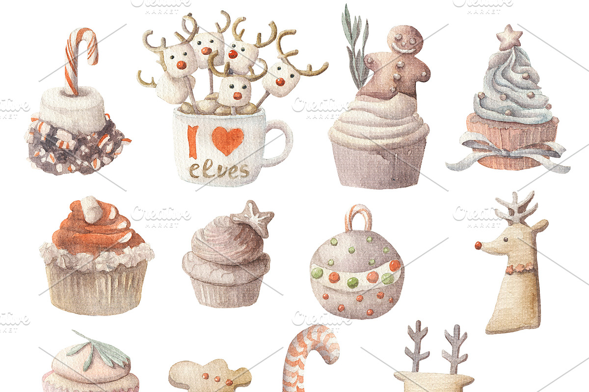 12 Watercolor Christmas desserts set, a Decorative Illustration by My watercolor shop (Photo 2 of 2)