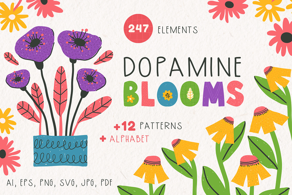 DOPAMINE BLOOMS - vector florals kit, a Decorative Illustration by My Space Garden (Photo 1 of 17)