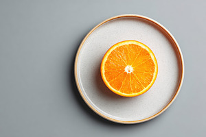 Fresh orange half on a minimalist plate, a Food & Drink Photo by AlyaAnd