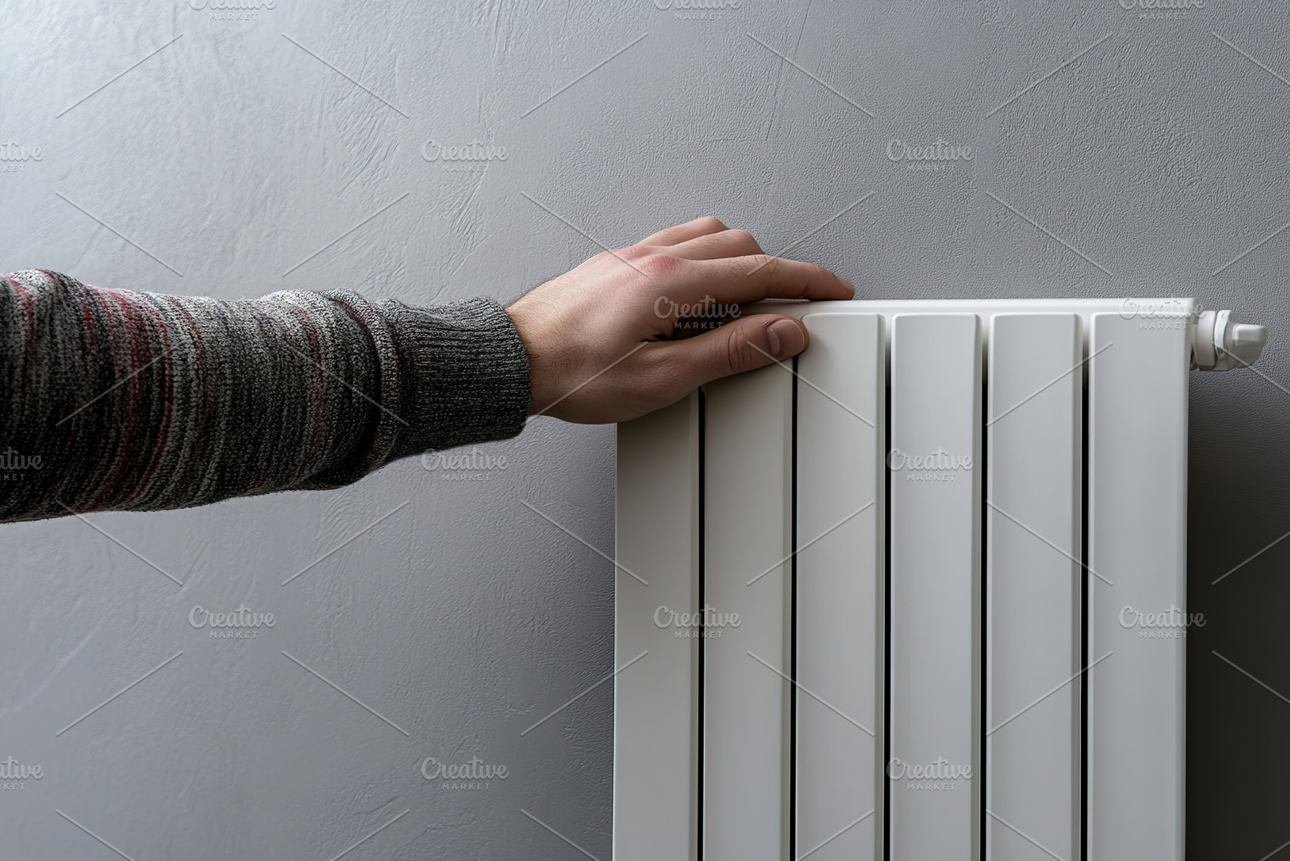 Human hand touching cold white heater radiator on grey wall background, an Industrial Photo by AlyaAnd