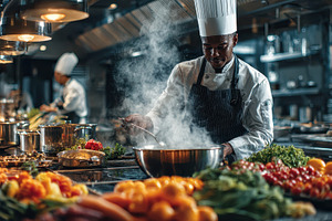 Chef preparing delicious food in a r, a Photo by Pixeness Studio