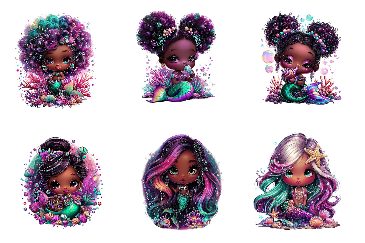Whimsical Cute Black Mermaid Clipart, an Illustration by CreationArt (Photo 5 of 7)