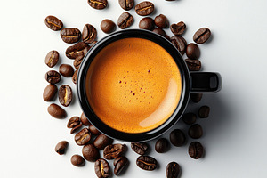 Espresso cup and coffee beans aromat, a Food & Drink Photo by Pixeness Studio