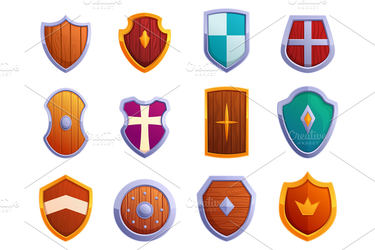 Cartoon shields. Medieval wooden, an Illustration by Valerie Bodnar