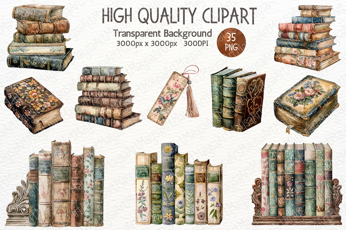 Watercolor Vintage Library Clipart, an Illustration by Maysa Art (Photo 3 of 6)