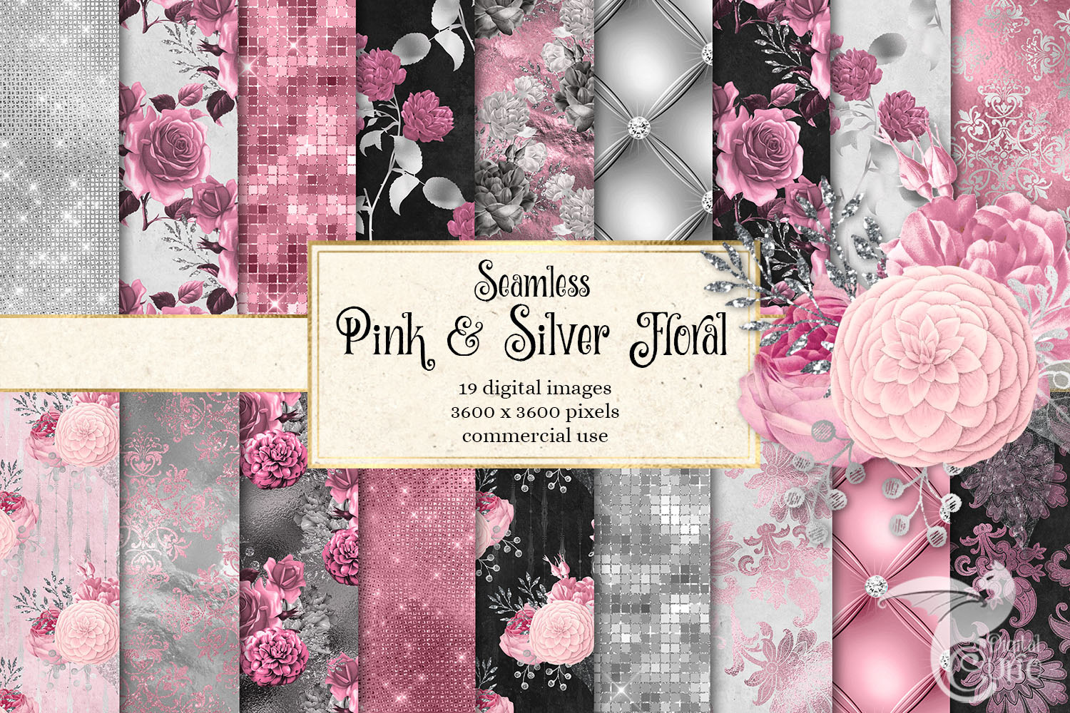 Pink and Silver Floral Digital Paper, a Pattern Graphic by Digital Curio