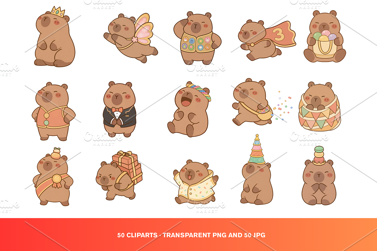 50 Kawaii Capybara Birthday Clipart, an Animal Illustration by Luxe (Photo 4 of 4)