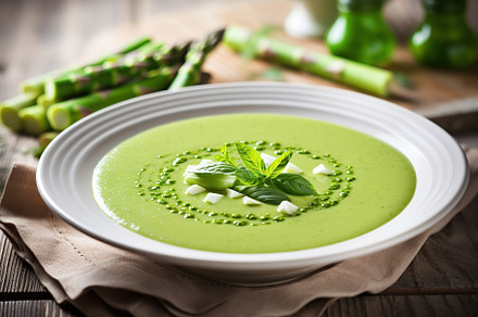Asparagus cream soup in plate, a Food & Drink Photo by AlyaAnd