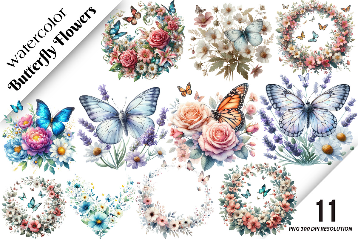 Butterfly Flowers Sublimation Clipar, an Illustration by DreamArtGraphic (Photo 1 of 5)