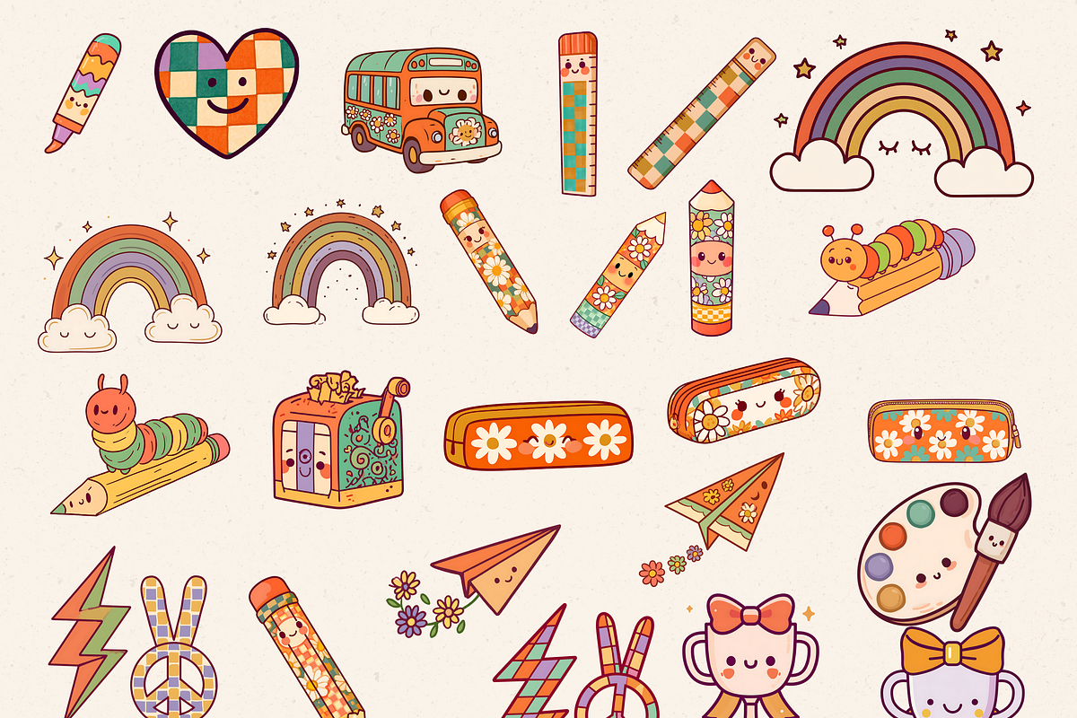 RETRO GROOVY BACK TO SCHOOL CLIPART, an Object Illustration by Daring Digies (Photo 5 of 11)