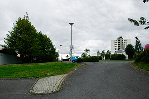 Urban landscape view in Reykjavik with trees, road, and high-rise building, a Photo by AS photostudio
