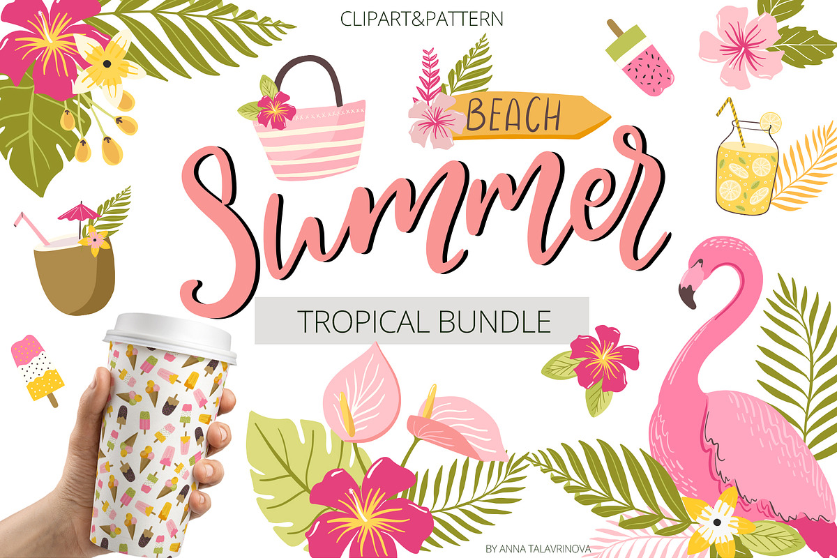 Summer Tropical clipart & patterns, an Illustration by Cozy pattern shop (Photo 1 of 6)