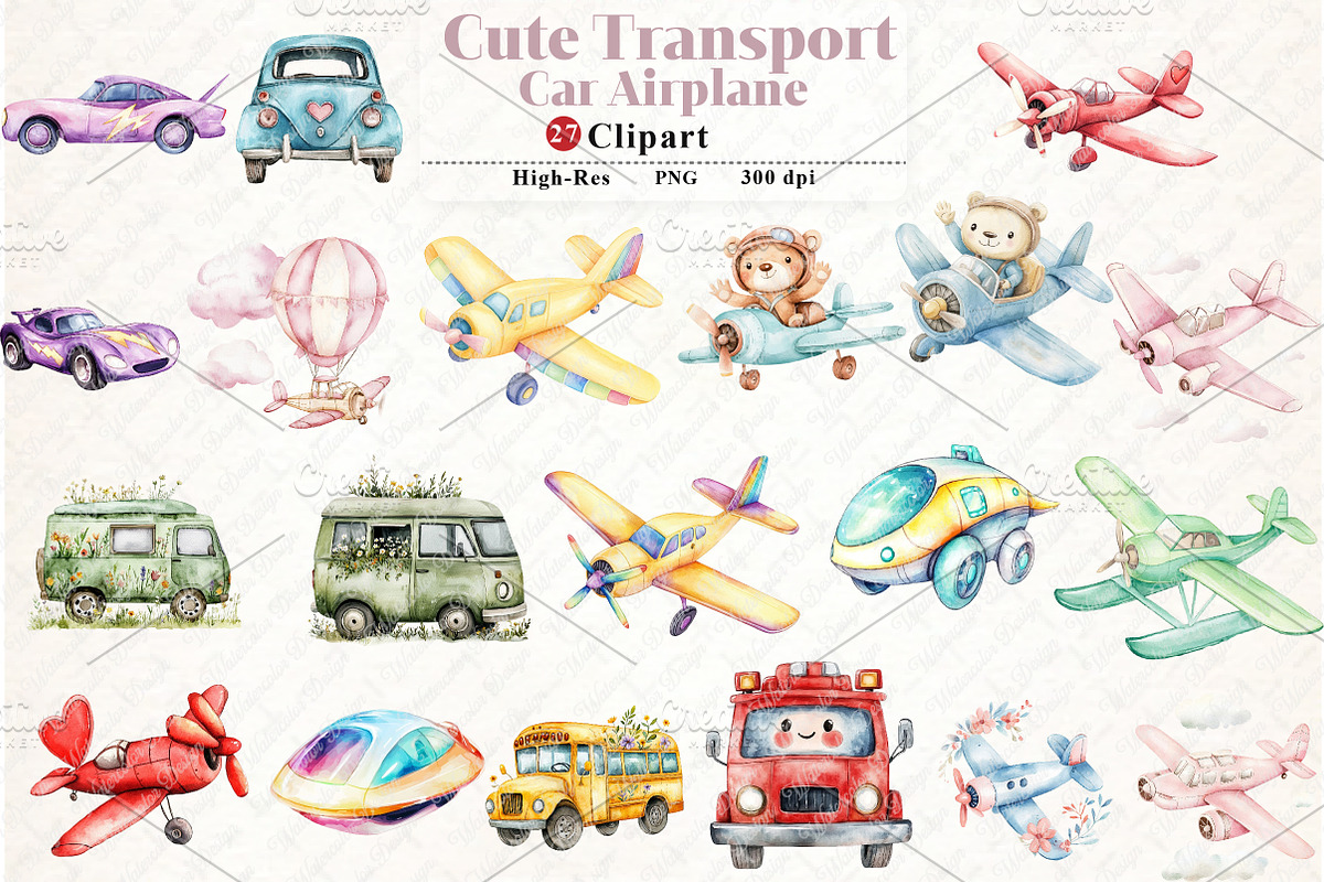 Watercolor  Transport Car Airplane, an Illustration by Watercolor design (Photo 1 of 11)
