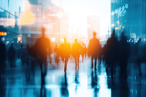 Crowds moving through a bustling, a Photo by Pavel_design