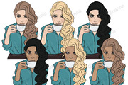 I Love Coffee Girls Clipart, a Person Illustration by GlamArtZhanna (Thumbnail 2 of 4)