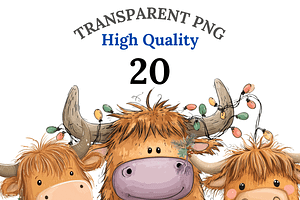 20 Christmas Highland Cow Clipart, an Animal Illustration by Pati Charm Studio