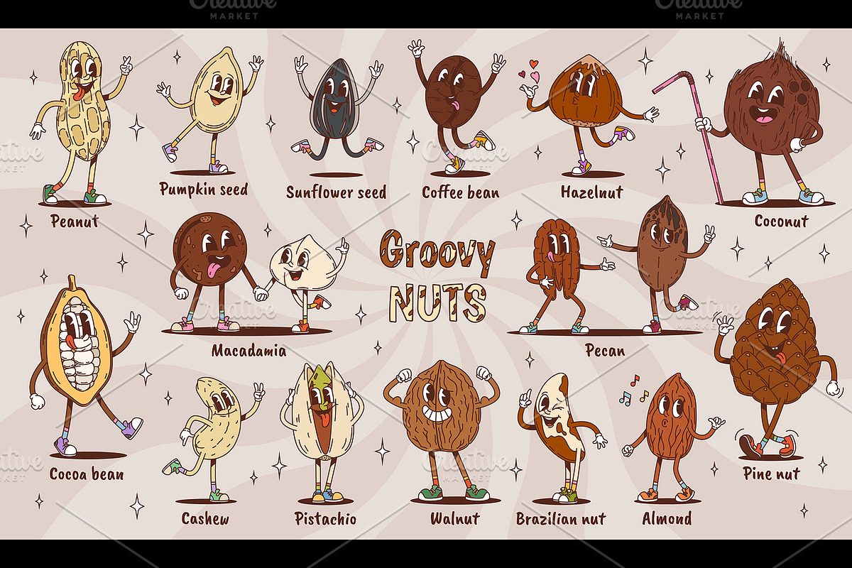 Groovy nut, seed, bean characters, a Food Illustration by Buch&Bee (Photo 1 of 3)