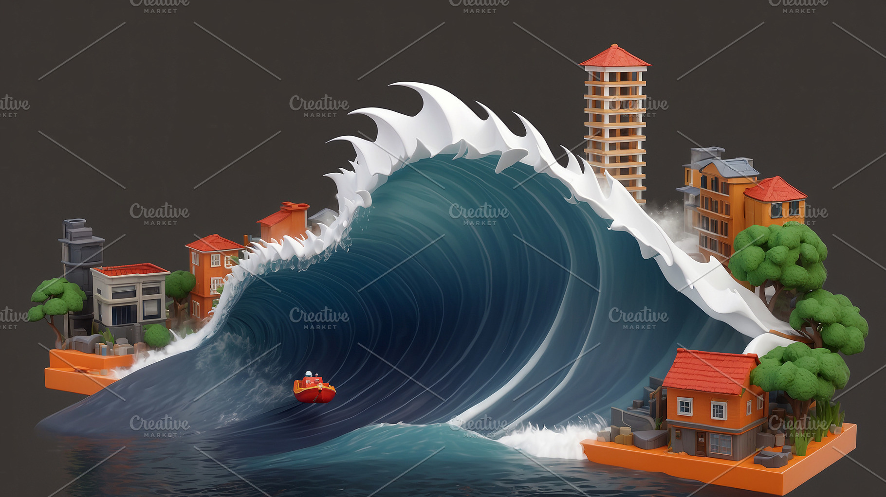 Giant Wave Approaching Coastal Town, a Nature Photo by Stock Shape
